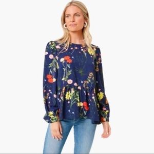 Large Pomander Place peplum blouse. Navy with flowers. NWOT